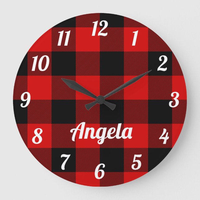 Personalisiert Rot und Schwarz Buffalo Kariert Große Wanduhr (Vorderseite)