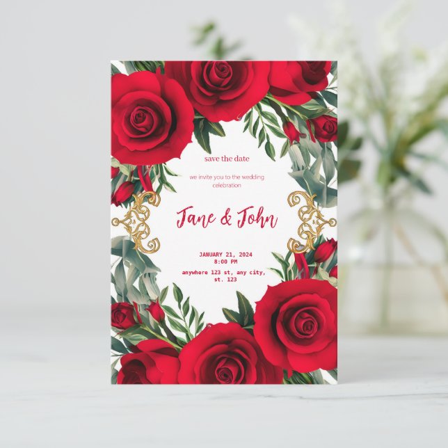 [Personalisiert] Rote Rosen Einladung zum Hochzeit (Stehend Vorderseite)