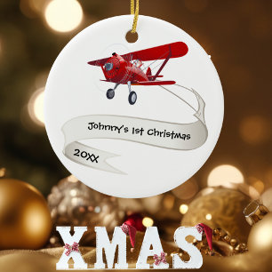 Personalisiert, rotes Flugzeug & Santa, erstes Wei Keramik Ornament