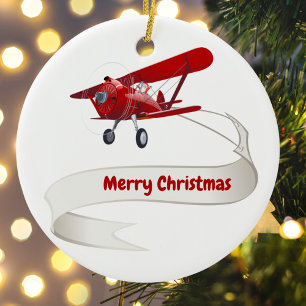 Personalisiert, Rotes Flugzeug & Weihnachtsmann, F Keramik Ornament