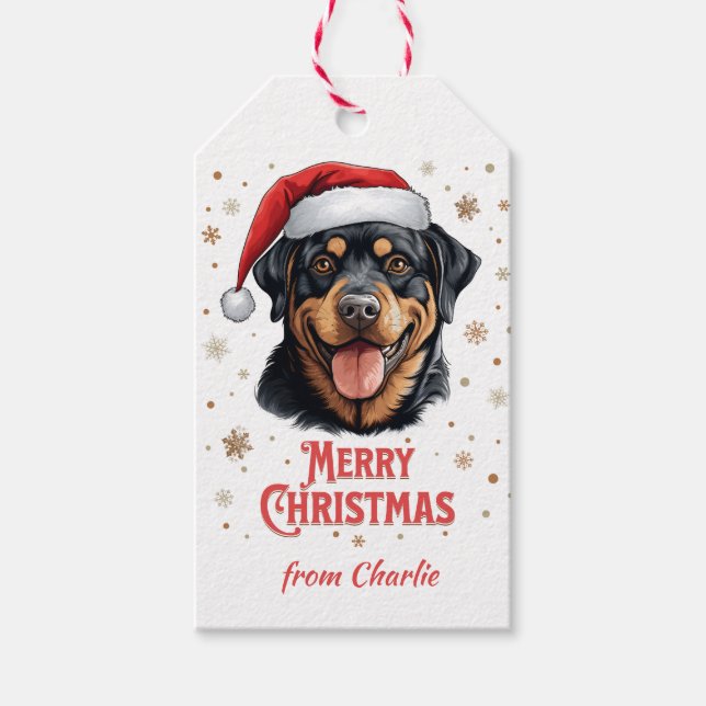 Personalisiert Rottweiler Hund frohe Weihnachten Geschenkanhänger (Vorderseite)