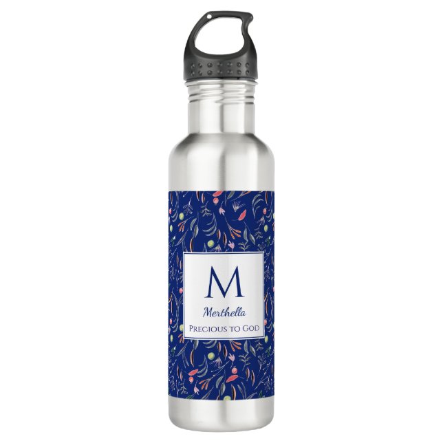 Personalisiert | ROYAL BUE | Floral | Monogramm Edelstahlflasche (Vorderseite)