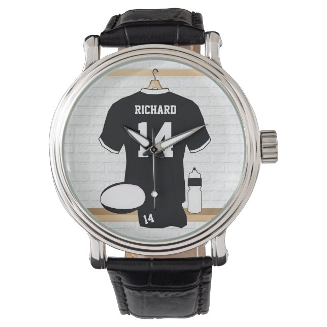 Personalisiert Rugby Jersey Black und White Armbanduhr (Vorderseite)
