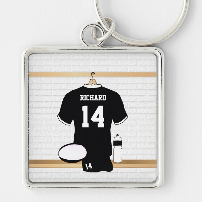 Personalisiert Rugby Jersey Black und White Schlüsselanhänger (Vorne)