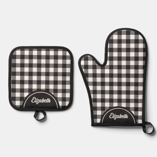 Personalisiert rustikal Schwarz-weiß Buffalo Karie Ofenhandschuh & Topflappen-Set (Vorderseite)