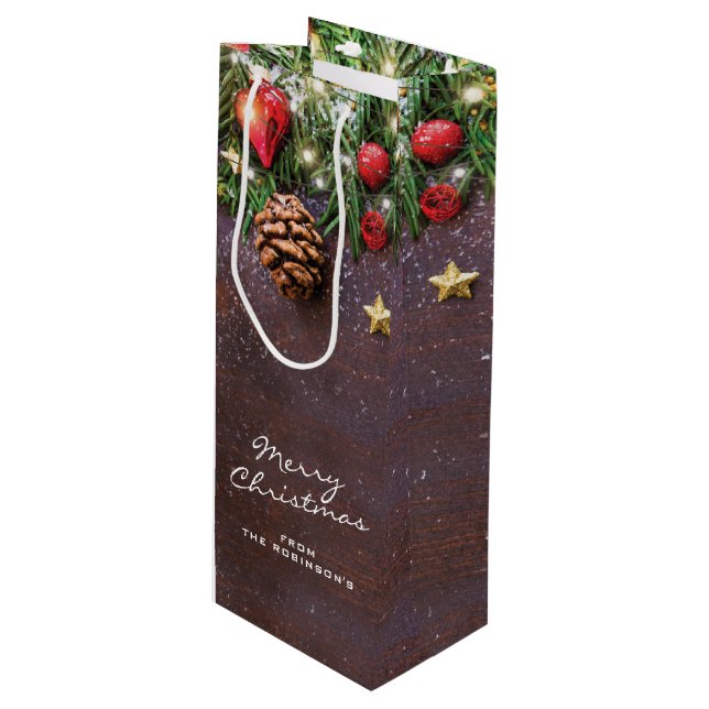 Personalisiert Rustikale Frohe Weihnachten Geschenktüte Für Weinflaschen (Vorderseite Schrägansicht)