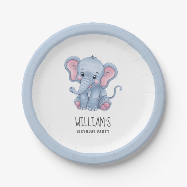 Personalisiert Safari Animal Elephant White Blue Pappteller (Vorderseite)