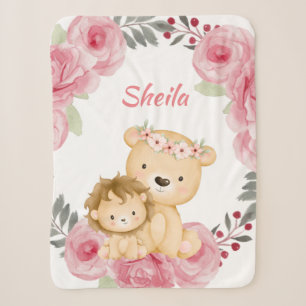 Personalisiert Safari Animals Girl Baby Blanket Sherpadecke
