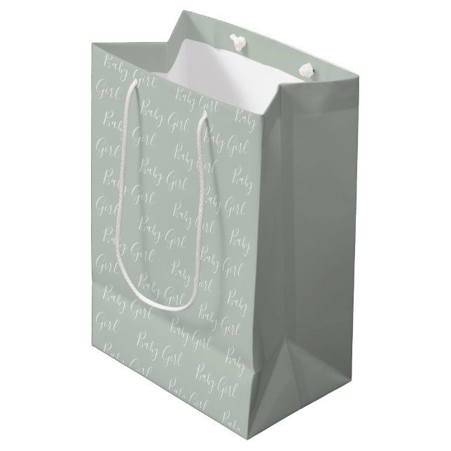 Personalisiert Sage Green Elegante Baby Girl Mittlere Geschenktüte (Vorderseite Schrägansicht)