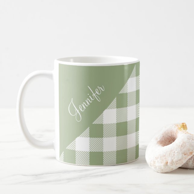 Personalisiert Sage Green Kariert Patches Kaffeetasse (Mit Donut)