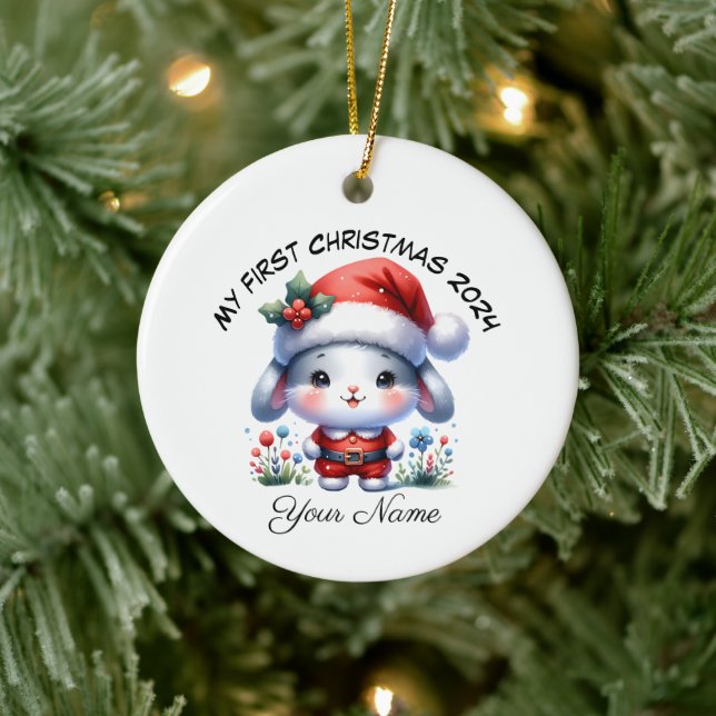 Personalisiert Santa Bunny First Weihnachten Keramik Ornament (Baum)