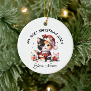 Personalisiert Santa Calico Kitten Erste Weihnacht Keramik Ornament