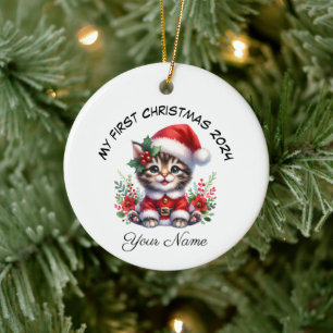 Personalisiert Santa Tabby Kitten Erste Weihnachte Keramik Ornament
