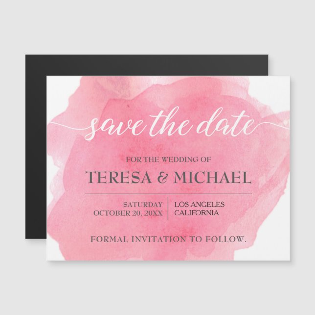 Personalisiert Save the Date, rosa Hochzeitsschrif Magneteinladung (Vorne/Hinten)