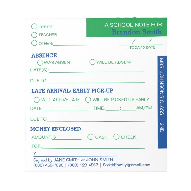 Personalisiert School Student Eltern Notepad Notizblock (Vorderseite)