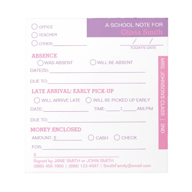 Personalisiert School Student Eltern Notepad Notizblock (Vorderseite)