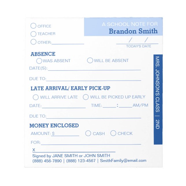 Personalisiert School Student Eltern Notepad Notizblock (Vorderseite)