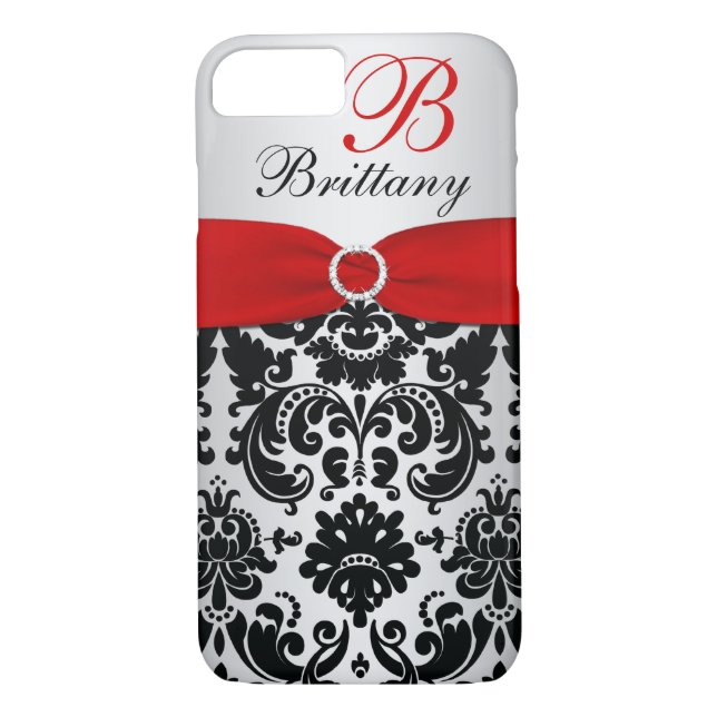 Personalisiert Schwarz, Rot, Silver Damask iPhone  Case-Mate iPhone Hülle (Rückseite)