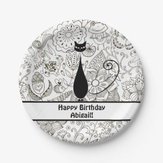Personalisiert Schwarz und Weiß Katze Happy Birthd Pappteller