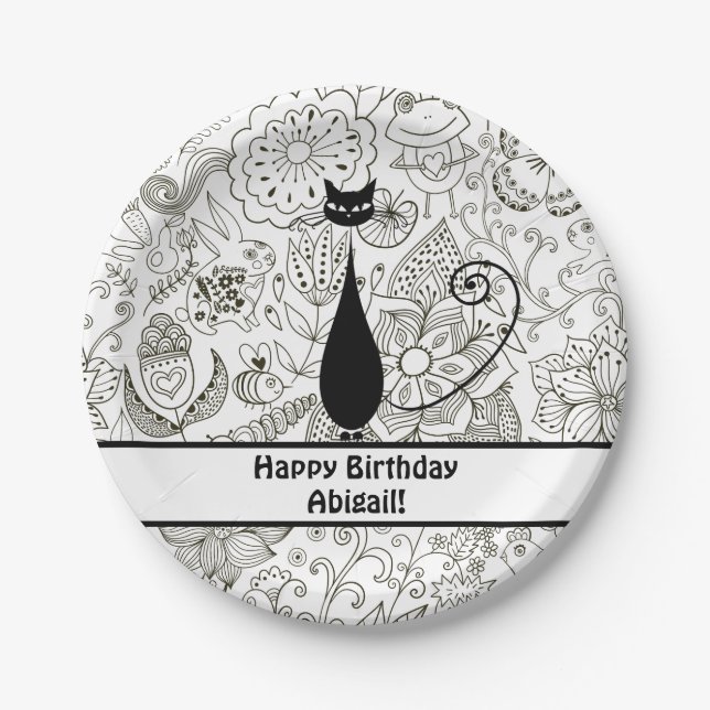 Personalisiert Schwarz und Weiß Katze Happy Birthd Pappteller (Vorderseite)