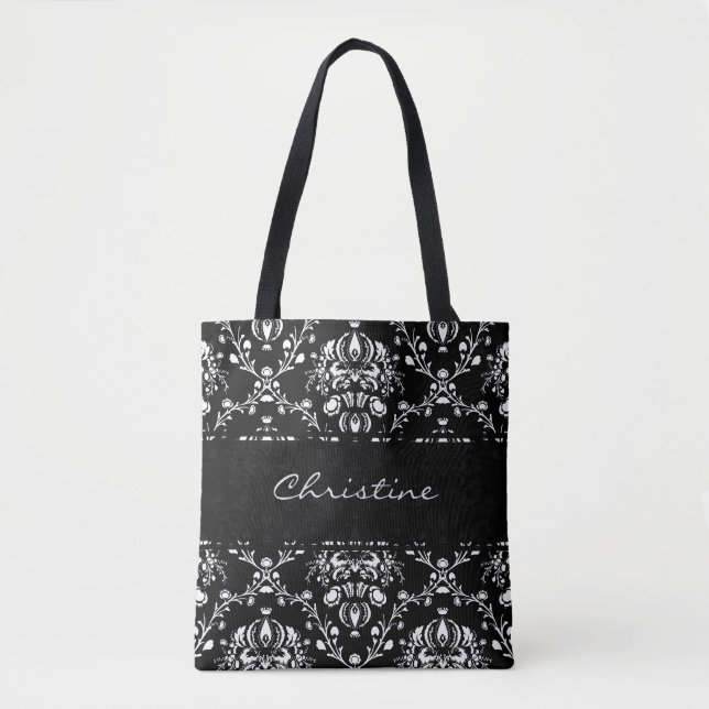 Personalisiert Schwarz-Weiß-Damast Tasche (Vorderseite)