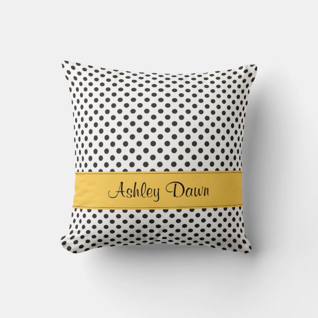 Personalisiert Schwarz-weiße Polka Dot Yellow Kissen (Vorderseite)
