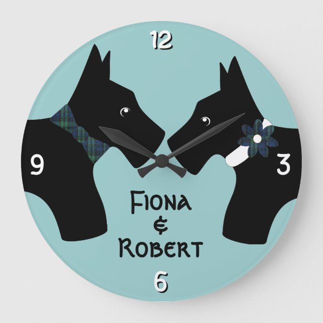 Personalisiert Scottie Dog Couple Große Wanduhr (Vorderseite)