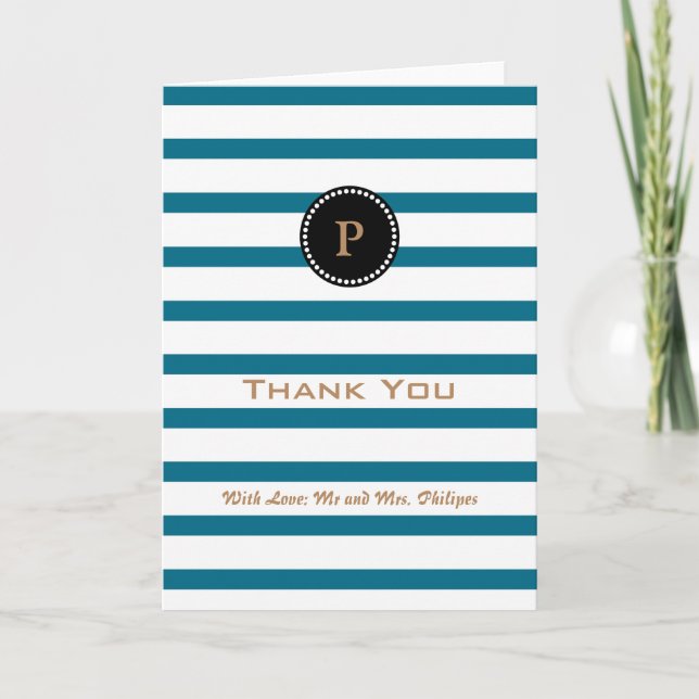 Personalisiert Sea Blue Striping Monogram Vielen D Dankeskarte (Vorderseite)