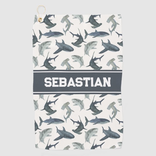 Personalisiert Shark Golf Handtuch | Aquarellhaie (Vorderseite)