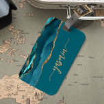 Personalisiert Signature Aquamarin Blue Gold Agate Gepäckanhänger<br><div class="desc">Dieses elegante,  moderne Design mit Ihrem Namen in vertikaler goldfarbener Signatur-Handschrift auf einem aquamarinen blauen Hintergrund mit einer Grenze von aquamarinem blauem Aquarellrücken besticht durch goldenen Imitat-Glitzer. (Um die Swashes am Anfang und am Ende des Namens behalten,  ersetzen Sie nur die Buchstaben,  indem Sie die Symbole verlassen haben.)</div>