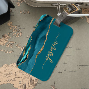 Personalisiert Signature Aquamarin Blue Gold Agate Gepäckanhänger