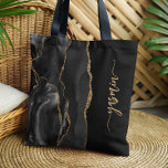 Personalisiert Signature Black Gold Agate Tasche<br><div class="desc">Dieses elegante,  moderne Design mit Ihrem Namen in vertikaler goldfarbener Signatur-Handschrift auf schwarzem Hintergrund mit einem Rahmen von schwarzem Aquarell mit vergoldetem Imitat-Glitzer. (Um die Swashes am Anfang und am Ende des Namens behalten,  ersetzen Sie nur die Buchstaben,  indem Sie die Symbole verlassen haben.)</div>