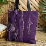 Personalisiert Signature Lila Gold Agate Tasche<br><div class="desc">Dieses elegante,  moderne Design mit Ihrem Namen in vertikaler goldfarbener Signatur Handschrift Schrift auf einem lila Hintergrund mit einem Rand von lila Aquarellfarben mit vergoldetem Imitat Glitzer. (Um die Swashes am Anfang und am Ende des Namens behalten,  ersetzen Sie nur die Buchstaben,  indem Sie die Symbole verlassen haben.)</div>