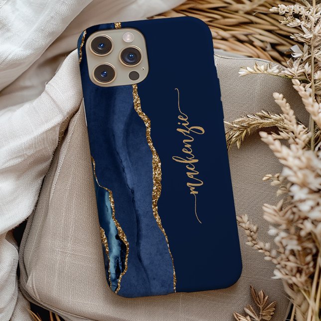 Personalisiert Signature Navy Blue Gold Agate Case-Mate iPhone Hülle (Von Creator hochgeladen)