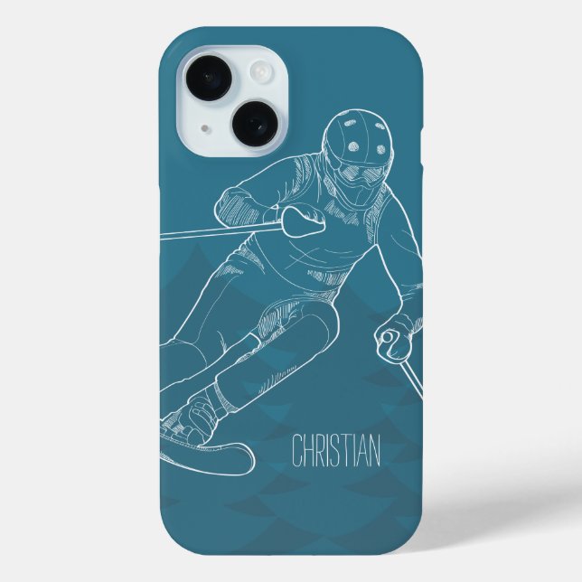 Personalisiert Skier Sketched Zeichnend auf Blue iPhone 15 Hülle (Rückseite)