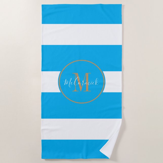 Personalisiert Sky Blue Streifen Monogram Strandtuch (Vorderseite)