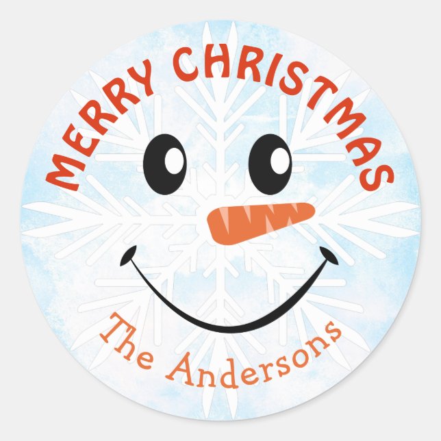 Personalisiert Snowman Face Frohe Weihnachten Runder Aufkleber (Vorderseite)