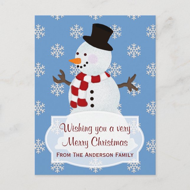 Personalisiert: Snowman Frohe Weihnachts-Postkarte Feiertagspostkarte (Vorderseite)