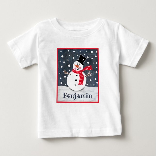 Personalisiert Snowman Weihnachten Baby T-shirt (Vorderseite)