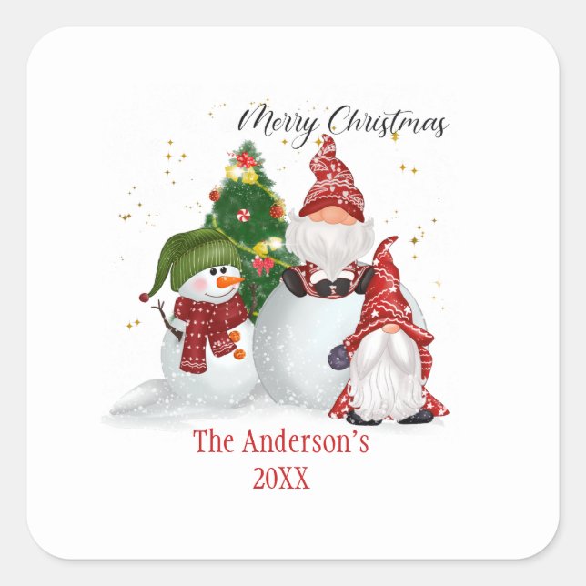Personalisiert Snowmen Gnomes Weihnachten Quadratischer Aufkleber (Vorderseite)