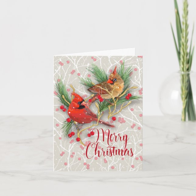 Personalisiert Snowy Kardinals Weihnachtskarte (Vorderseite)