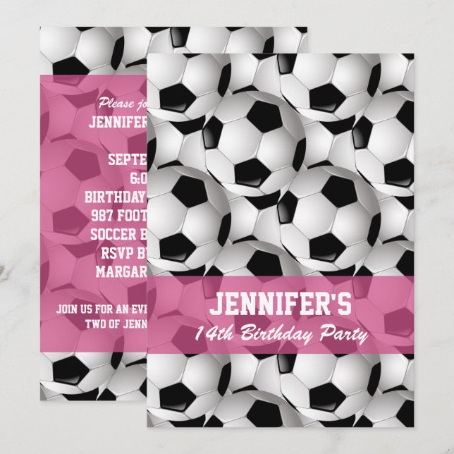 Personalisiert Soccer Ball Pattern / 2 Pink Geburt Einladung (Vorne/Hinten)