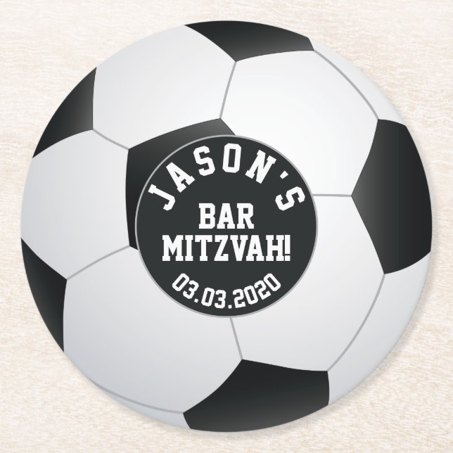Personalisiert Soccer Bar Mitzvah Schwarz-weiß Runder Pappuntersetzer (Vorderseite)