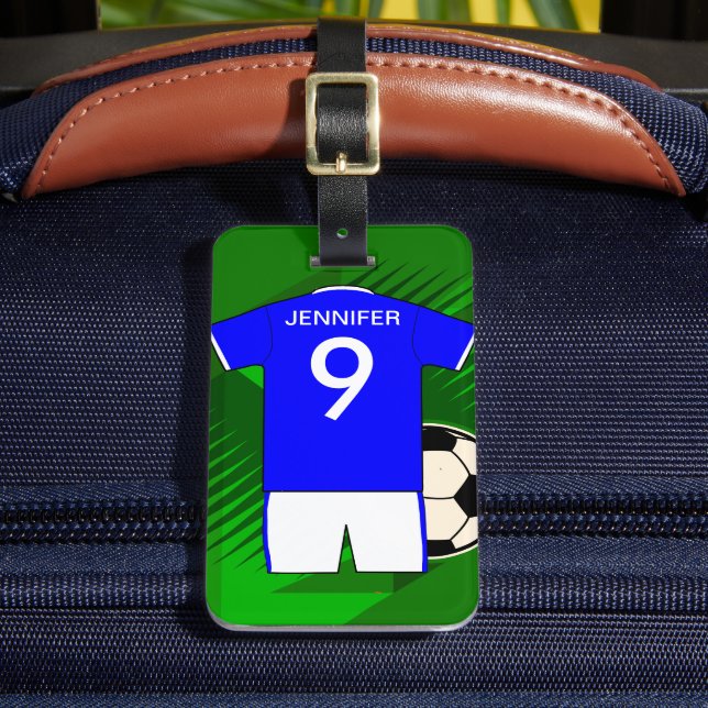Personalisiert Soccer Jersey Blue und White Gepäckanhänger (Vorderseite Insitu 2)