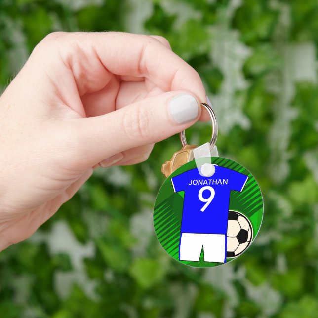 Personalisiert Soccer Jersey Blue und White Schlüsselanhänger (Hand)