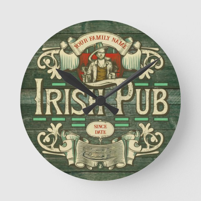 Personalisiert St Patricks Day Irish Pub Box Zeich Runde Wanduhr (Vorderseite)