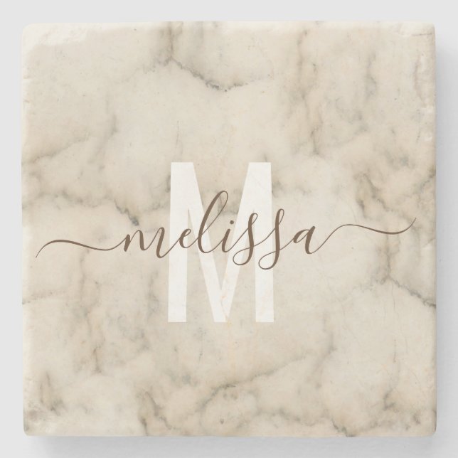 Personalisiert Stone Monogram Marble Handgeschrieb Steinuntersetzer (Vorderseite)