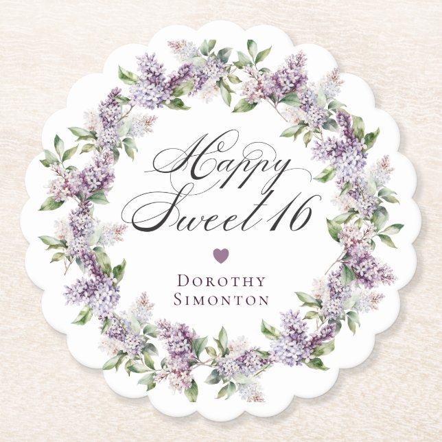 Personalisiert Sweet 16 Lila Lilac Blume Untersetzer (Vorderseite)
