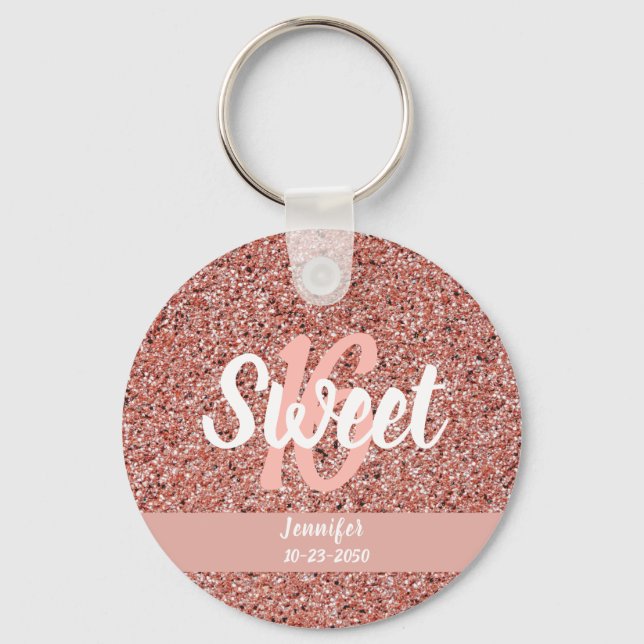 Personalisiert Sweet 16 Rose Gold Pink Glitzer Schlüsselanhänger (Vorderseite)