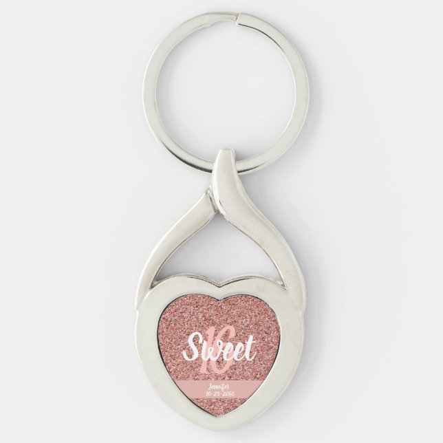 Personalisiert Sweet 16 Rose Gold Pink Glitzer Schlüsselanhänger (Vorderseite)